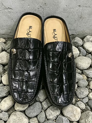 鳄鱼皮拖鞋稀有皮穆勒拖鞋男士高奢英伦风内增高包头拖侧边拼牛皮