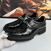 4cm增高凯莉锁扣一脚蹬男鞋 高定版 进口尼罗鳄鱼皮布洛克休闲皮鞋