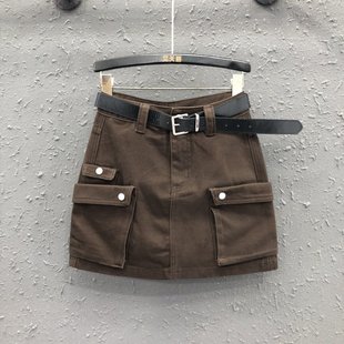 咖啡色多口袋工装 牛仔半身裙女高腰显瘦不对称设计感A字包臀短裙