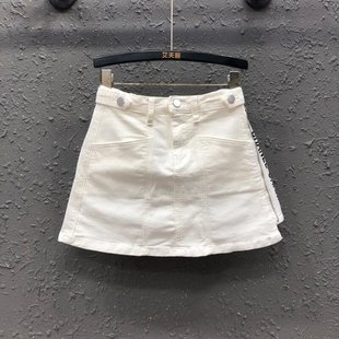 韩版 侧开叉高腰显瘦A字短裙 白色字母印花牛仔半身裙女26年春新款