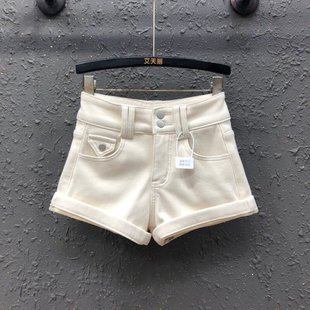 女米白色两粒扣设计卷边阔腿裤 25年秋冬新款 加绒加厚高腰牛仔短裤