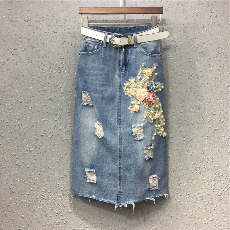 Europe station 2021 Spring and summer new pattern heavy industry hole Flower Nail bead The dress Show thin Package hip cowboy skirtin the Women's clothing/Boutique , Skirts  category - from Buy2taobao.com to provide professional Taobao agent buy service