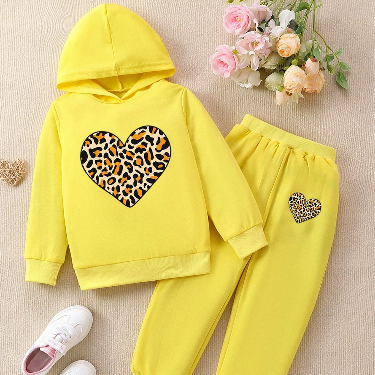豹纹爱心可爱女童时尚连帽卫衣套装儿童女孩春秋运动套头,童装/婴儿装/亲子装,儿童运动套装,淘宝优惠券,粉丝福利购,淘宝优惠卷