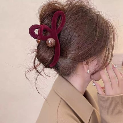 新年红丝绒珠珠抓夹大号女2025新感鲨鱼夹发夹后脑勺夹子头饰