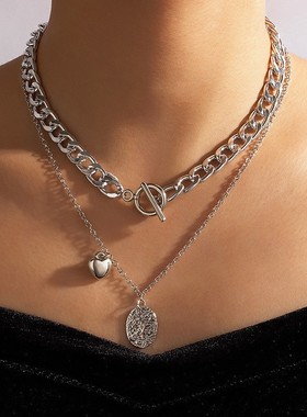 欧美跨境新款饰品复古爱心圆片项链粗链条重金属朋克双层锁骨链女