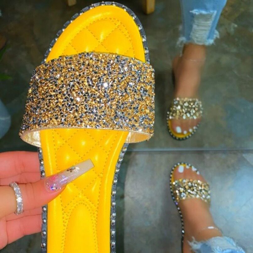 圆头平底水钻拖鞋沙滩拖欧美大码一字型水钻拖鞋女