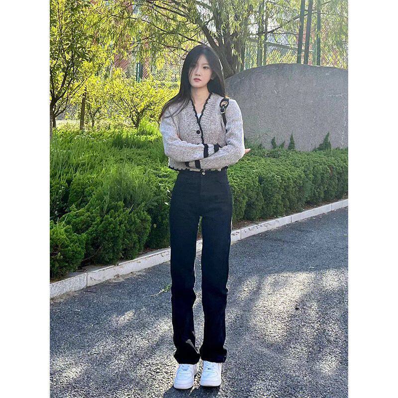 黑色直筒弹力牛仔裤女2026年春夏新款高腰窄版显高显瘦烟管拖地裤