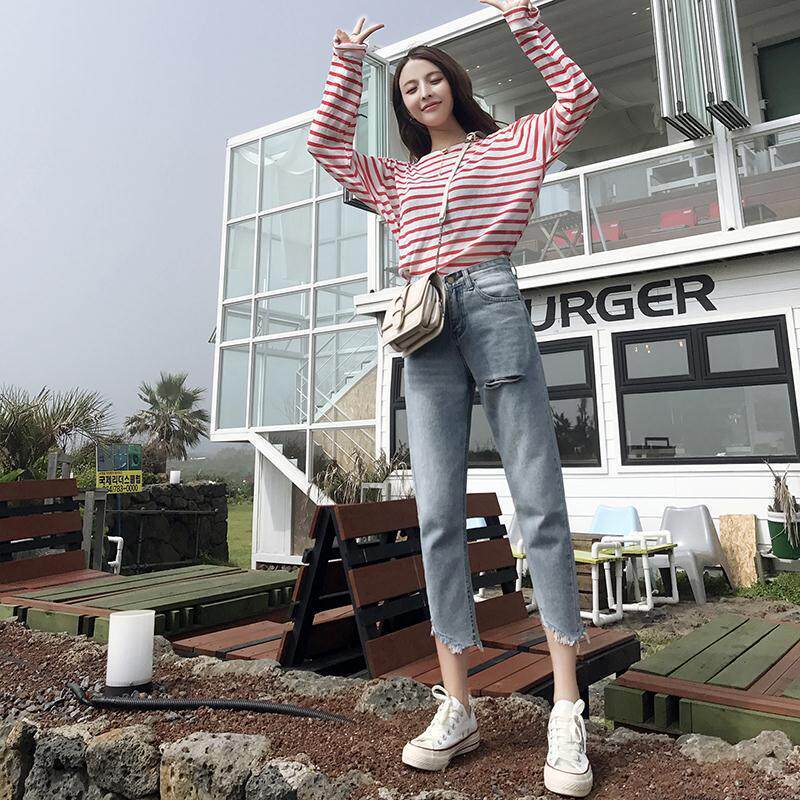 小个子哈伦牛仔裤女2026春秋款chic韩版宽松破洞不规则毛边直筒裤