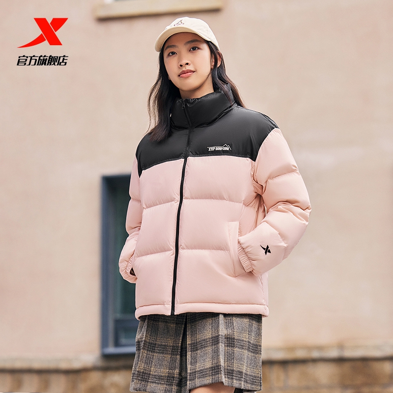 特步羽绒服女款初中生学生宽松立领上衣保暖棉服运动服防风外套女