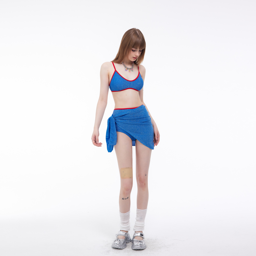 holii 2024新款辣妹高腰复古明星同款周雨彤比基尼三件套女游泳衣