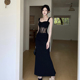 instahot蕾丝鱼骨黑色海岛绝美连衣裙修身 吊带裙 显瘦无袖 春季 新款