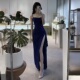 新款 instahot 蓝色性感开叉吊带连衣裙女2026春季 轻奢宴会礼服裙