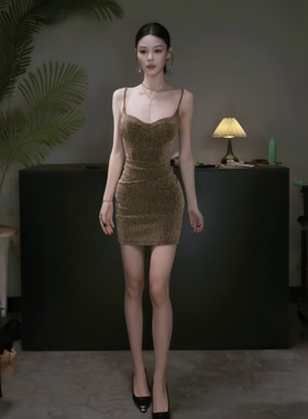 instahot 性感闪闪吊带连衣裙女秋季气质修身显身材包臀礼服短裙