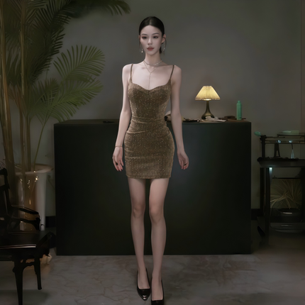 instahot 性感闪闪吊带连衣裙女秋季气质修身显身材包臀礼服短裙