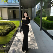 包臀长裙子 新款 instahot 性感一字肩蕾丝拼接黑色礼服裙2026春季