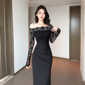 新款 instahot 蕾丝拼接性感黑色礼服裙女2025秋季 轻奢宴会连衣裙