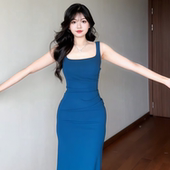 instahot法式 方领肯豆收腰连衣裙夏季 气质孔雀蓝褶皱包臀开叉长裙