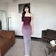 instahot 紫色渐变网纱吊带连衣裙女高级性感修身 包臀裙礼服长裙