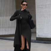 肯豆同款 黑色连衣裙2025秋季 新款 instahot ins设计感长袖 显瘦长裙