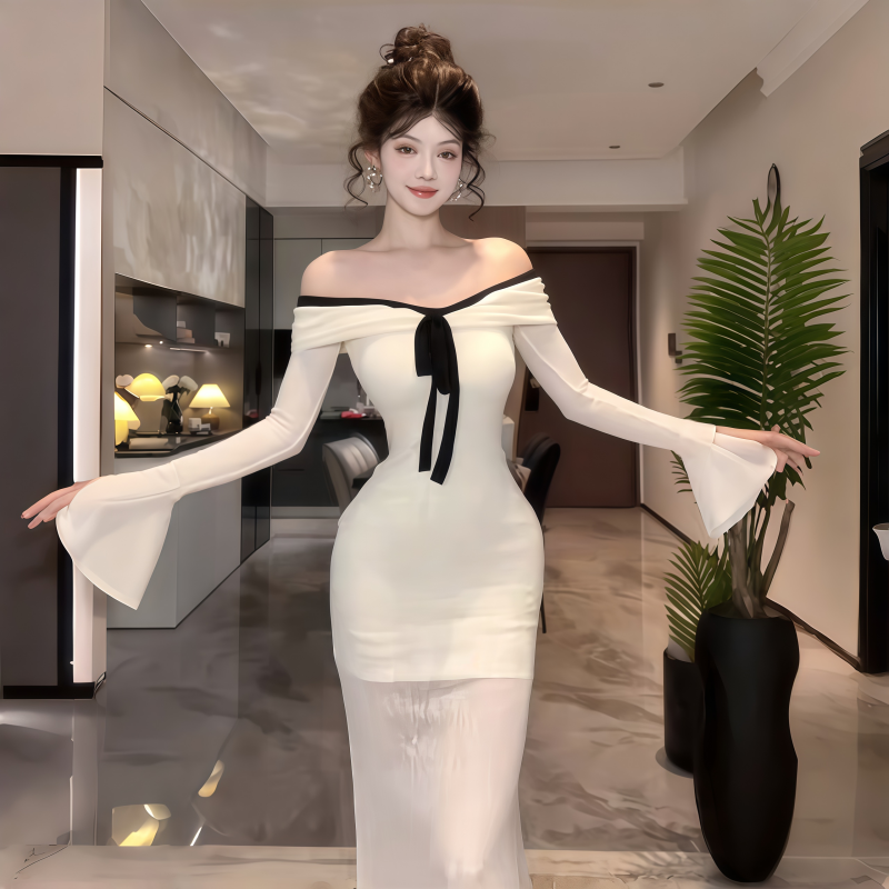 复古名媛性感一字肩长袖连衣裙女