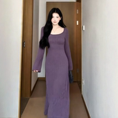 instahot 吊带紫色长裙 罩衫 性感蕾丝针织连衣裙女秋冬套装 裙长袖