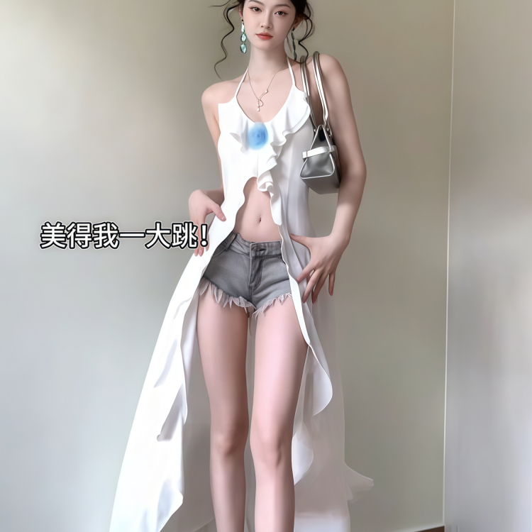 花朵不规则吊带白色连衣裙女