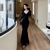 instahot 轻奢宴会晚礼服裙 新款 纯欲V领长袖 黑色连衣裙女2025秋季
