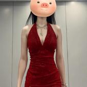 instahot 细闪挂脖深V红色礼服裙轻奢性感生日宴会开叉连衣裙