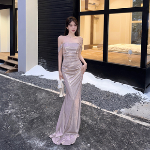 instahot 闪闪一字肩小众吊带连衣裙女生日宴会高个子坠地长裙