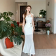 白色斜肩抹胸连衣裙女夏季 instahot 法式 巨好看鱼尾裙生日礼服裙