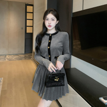 instahot 灰色小香风套装女秋冬韩式千金针织外套短裙两件套裙装