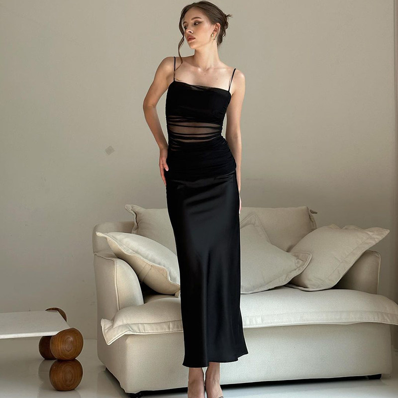 instahot的小店 黑色性感拼接纱网假两件吊带裙性感缎面时尚长裙