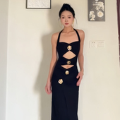 instahot 玫瑰金属扣挂脖黑色礼服裙女轻奢宴会气质显身材晚礼服