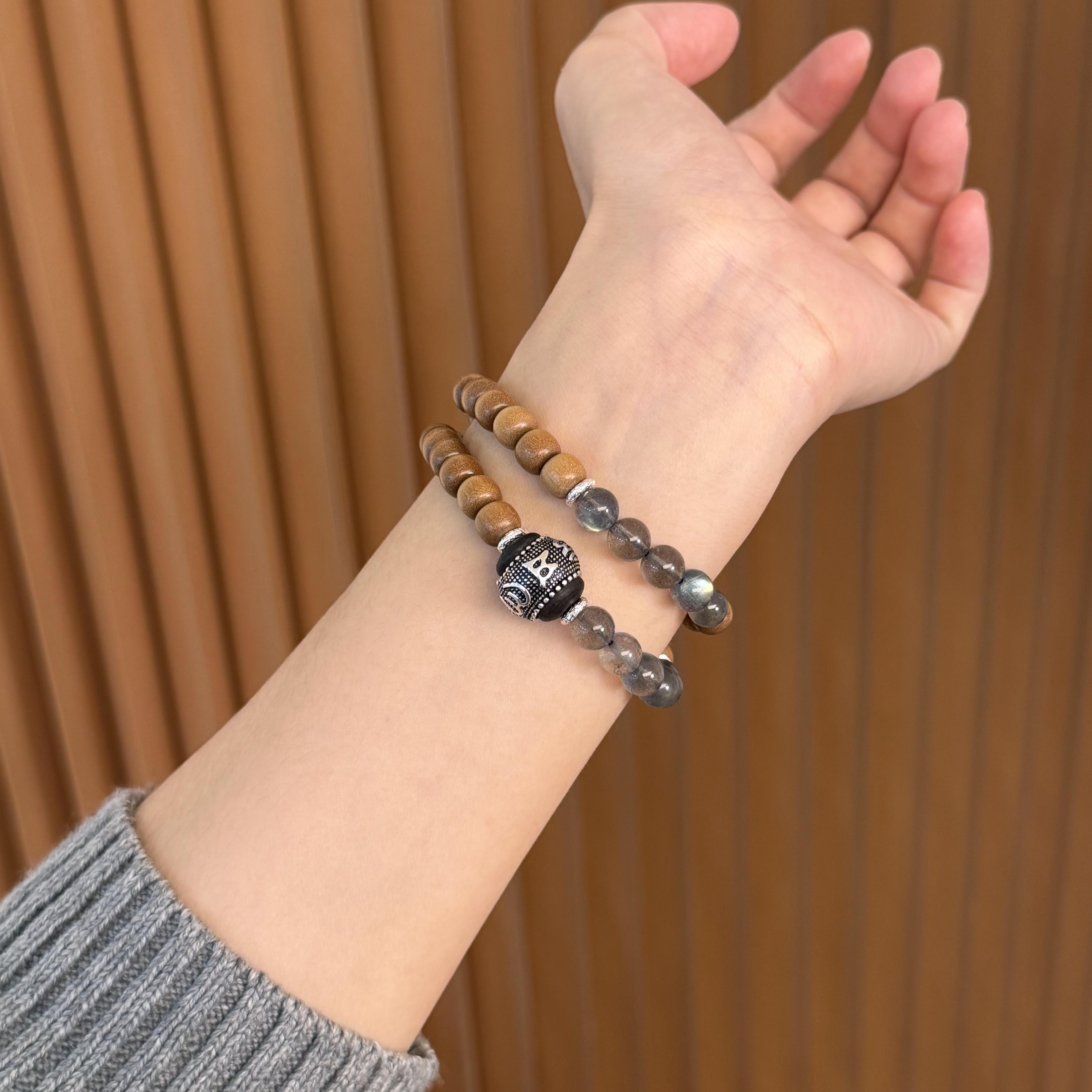 925银木质手链 《人间月光》双圈老山檀蓝光感百搭手工弹力绳手链