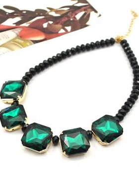 欧美复古串珠方块宝石吊坠短款锁骨链简约大方百搭礼服项链饰品女