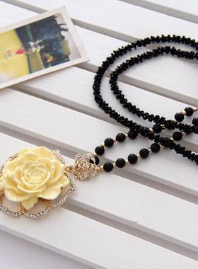 韩版时尚简约百搭奶油黄玫瑰花毛衣链挂件气质小米粒串珠长款项链