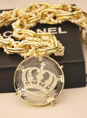 韩国ins时尚透明水晶皇冠镶钻项链小众设计感名媛法式度假毛衣链