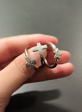 日韩版潮流新款十字架碎钻两面带戒指时尚简约百搭小众设计感指环