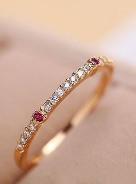 日韩简约时尚个性18K玫瑰金红宝石戒指女食指戒尾戒小众设计ins潮