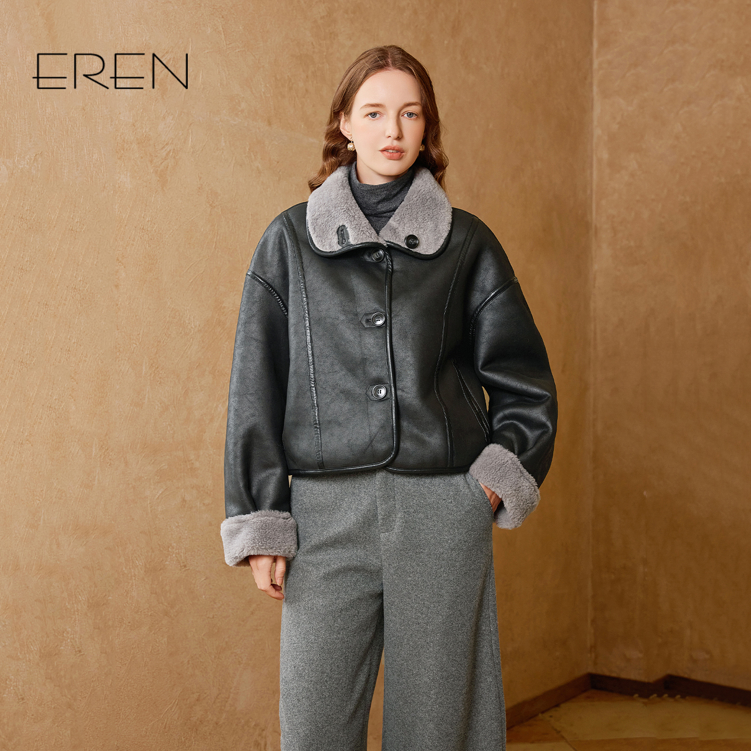 ERENPU皮大翻领皮衣小个子外套