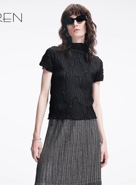 EREN黑色树皮压皱短袖t恤女夏2025新款时尚半高领修身高级上衣