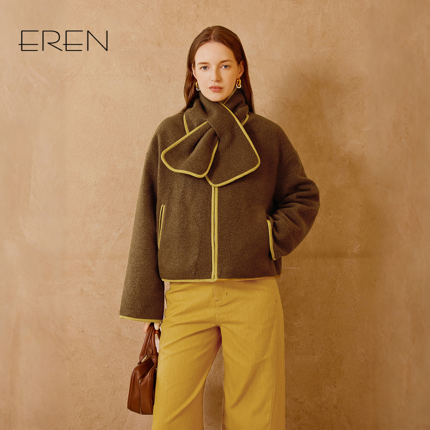 EREN新款法式圆领短款毛呢大衣