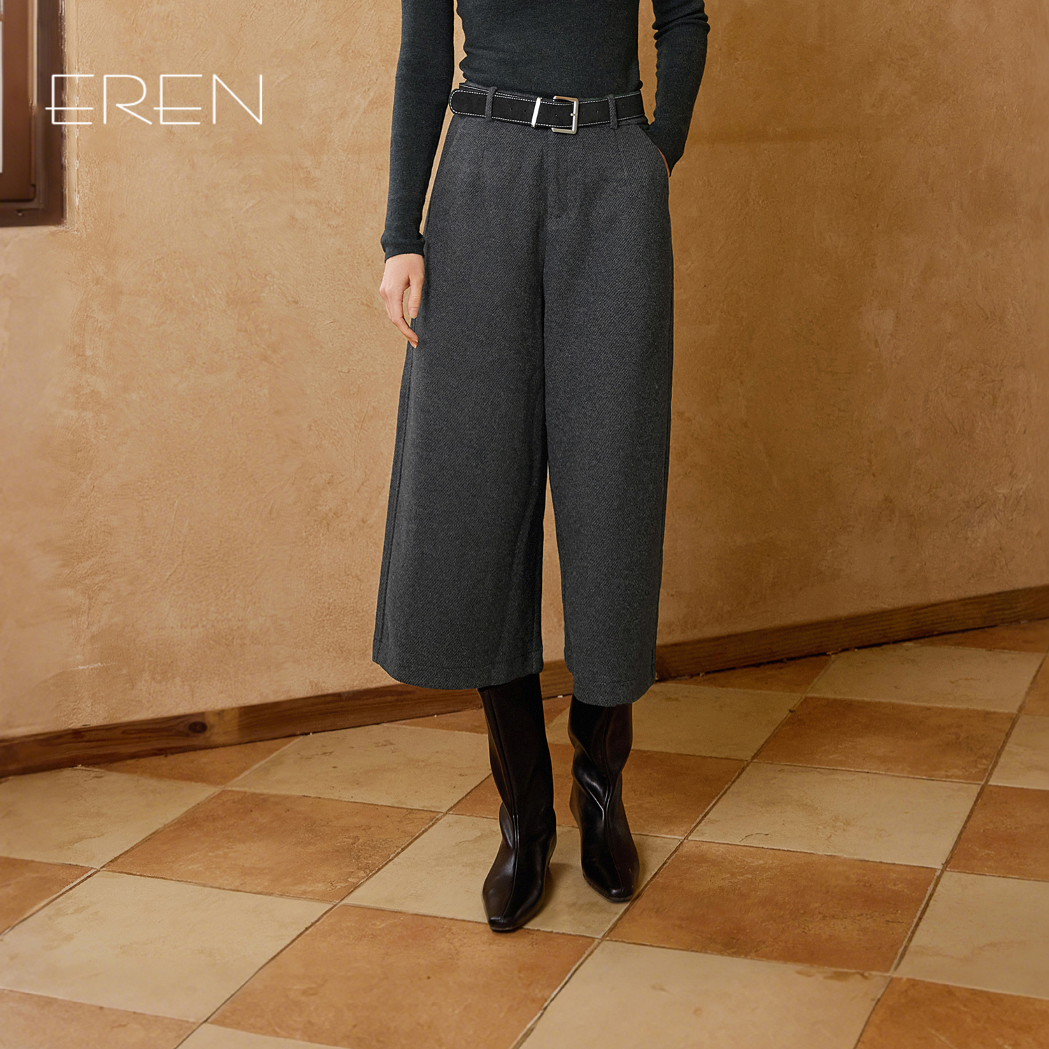 EREN气质宽松高腰直筒七分裤