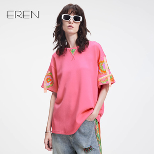 宽松圆领套头上衣 ERENEREN法式 绣花设计感短袖 t恤女2025夏季 新款