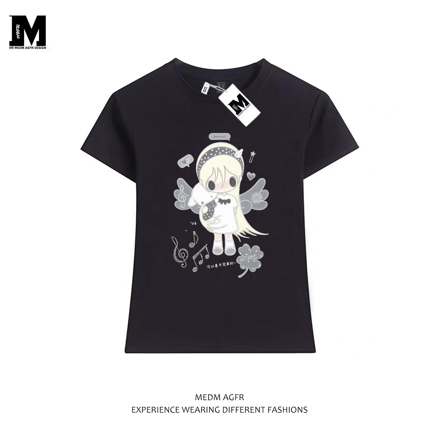 MEDM AGFR野有上秋抱兔插画印花短袖男女同款童趣天使宽松夏季t恤