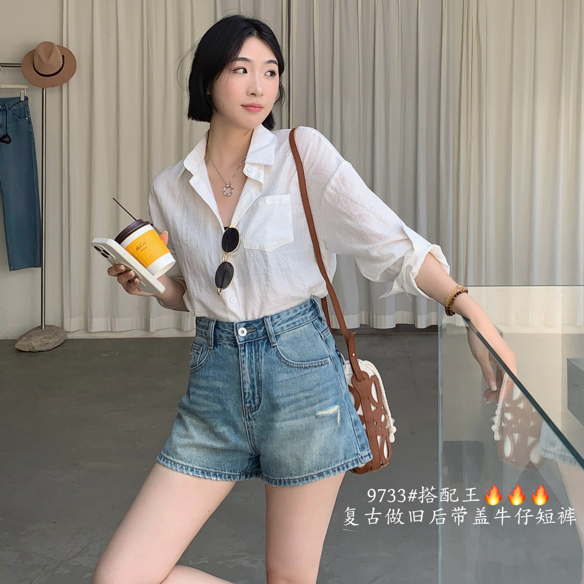 M7-新搭配王盖盖后袋短裤复古做旧牛仔短裤(不含上衣+包包)9733-1