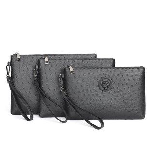 仅亏一天真皮新款 男士手拿包鸵鸟纹金属标男款手包带手挽小包包