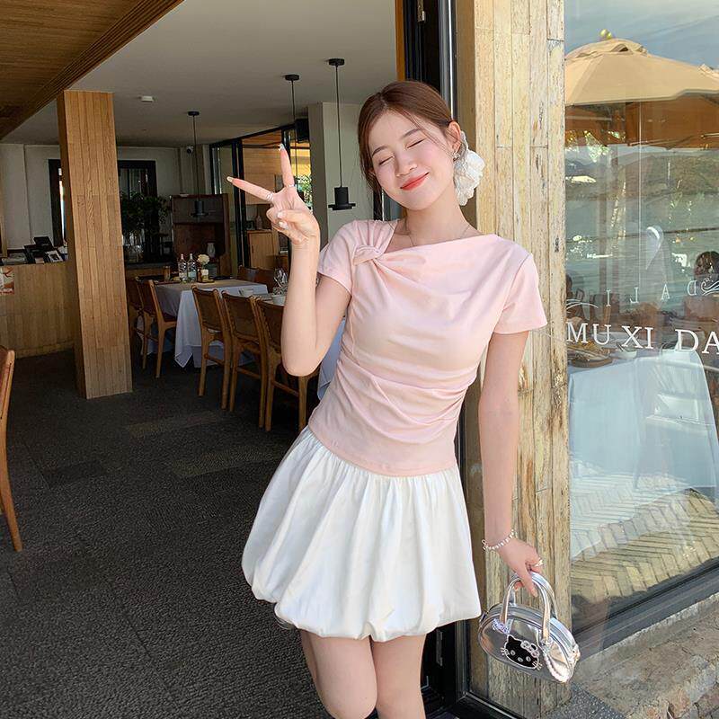 莫代尔粉色短袖t恤女2025新款夏季设计感小众不规则独特漂亮上衣
