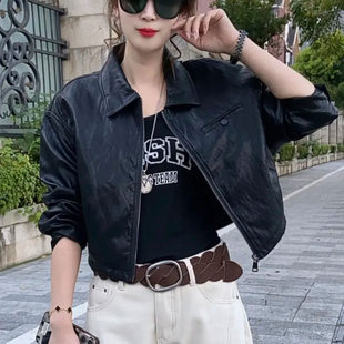 简约设计感洋气百搭夹克上衣 时尚 翻领皮衣短外套女2026春秋款 韩版