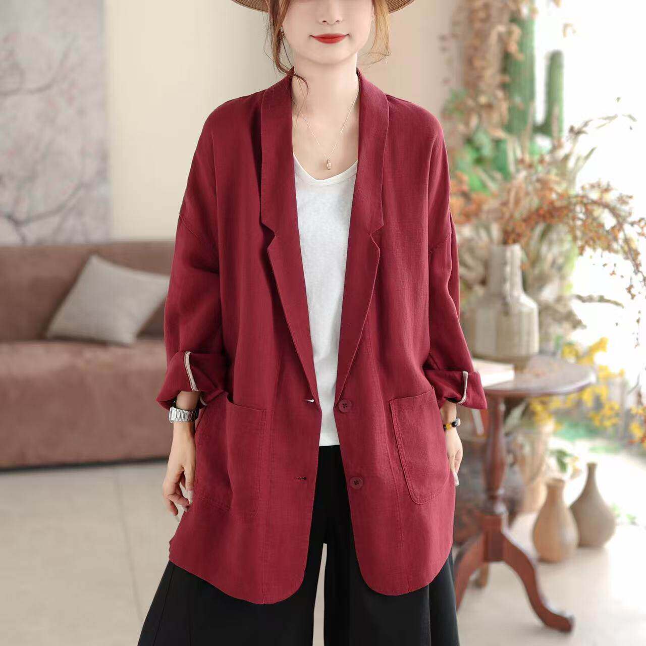 棉麻西装外套女新款气质宽松显瘦独特漂亮小西装小个子休闲西服女